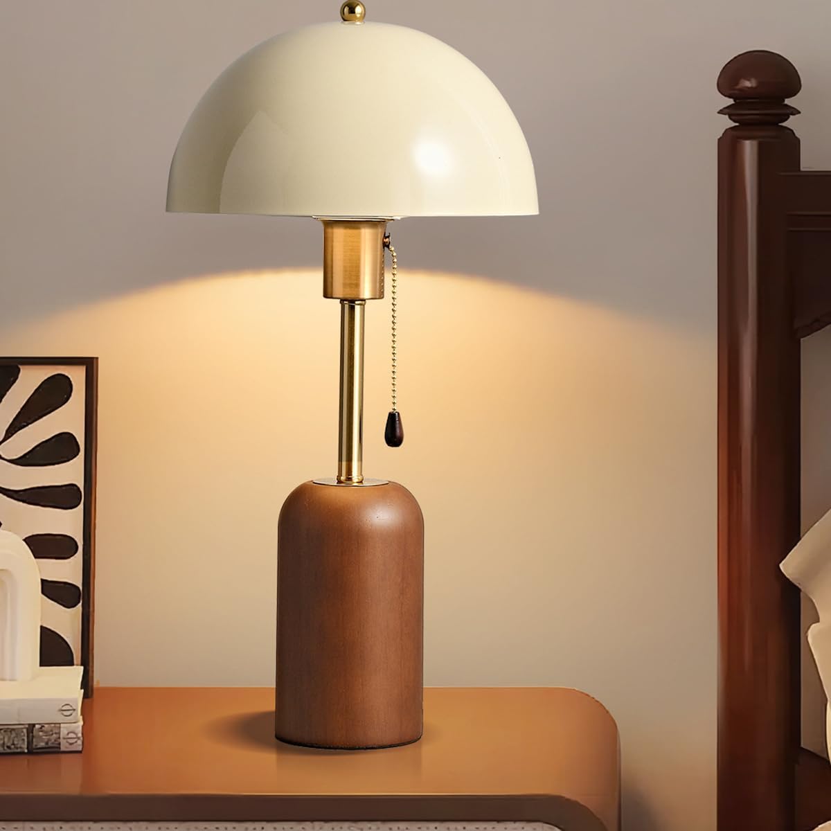 White Mushroom Table Lamp Walnut Wood Table Lamp Farmhouse Rustic Bedside Lamp Metal Shade Desk Lamp with Pull Chain,Plug-in Bedside Lamp for Bedroom,Nightstand,Living Room