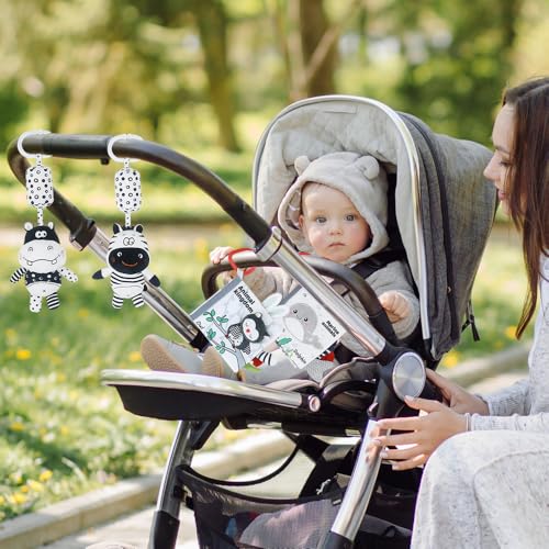Image of Baby Hanging Rattle Toys, Black and White High Contrast Baby Toys, Stroller Mobile Toy with Soft Plush Animal Rattles and Soothing Sounds, 4 Pack (Animal)