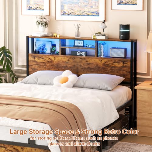 Image of Aheaplus Headboard for Full Size Bed with Storage, Headboards with Outlets | Full Size Head Board Only, USB Ports and LED Light, Height Adjustable, Reversible, Sturdy & Stable Headboard, Rustic Brown