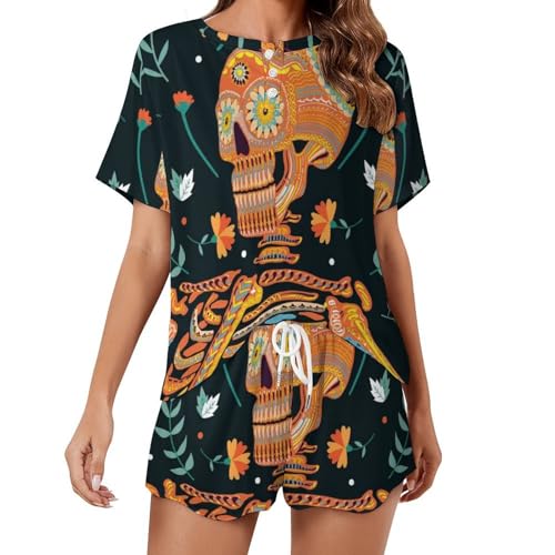 Ensemble pyjama court femme Squelette de Fleur vêtements de nuit légers et sleepwear été