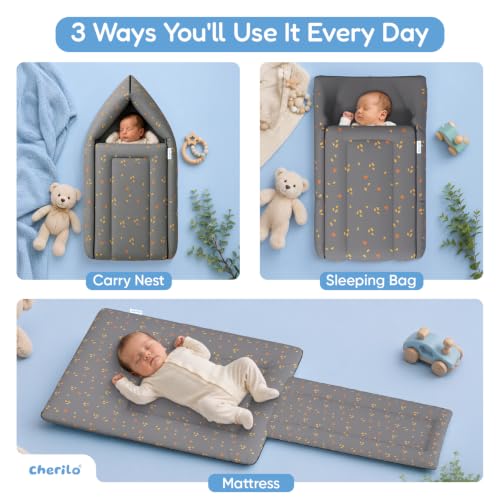 Image of Cherilo 3 in 1 Baby Bed, Sleeping Bag & Carry Nest, Cotton Baby Bedding for New Born & Infant, Portable Bassinet, for Baby Carrying & Unisex Baby Sleeping Bed, 0M+ (Grey Leaf)