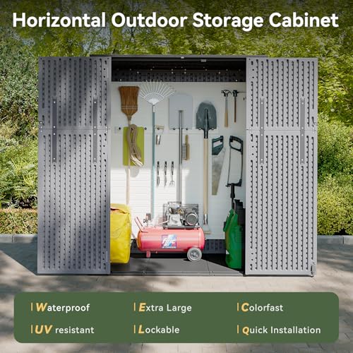 Image of AOXUN Horizontal Storage Sheds 61 Cu.ft, HDPE Outdoor Storage Box 160 Gallon, Waterproof Lockable Resin Deck Box with Spring-Assisted Lid, Patio Storage for Garden, Pool, Cushions, Tools, Grey