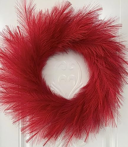 VOULUX Corona de hierba de pampa sintética grande de 27 pulgadas, corona bohemia de plumas rojas modernas para interiores, corona de granja, decoración de pared, corona de trigo de primavera, corona