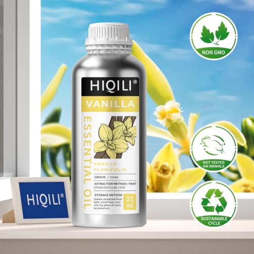 Image of HIQILI Vanilla Essential Oil Bulk, Strong Scent for Candle Soap Making | Fragrance for Diffuser, Perfume, SPA, Making Spray, Skin Care, Add to Shampoo, Body Lotion - 1000 mL / 32 fl oz