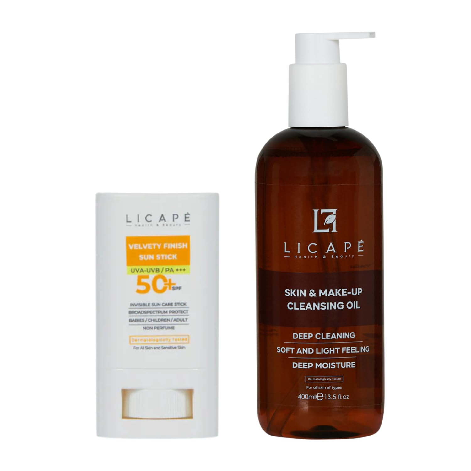 LICAPE® Skincare Duo – SPF 50 Sunscreen Stick 18ml & Dual-Phase Makeup Remover Oil 400ml with Niacinamide, Chamomile & Horse Chestnut for Water-Resistant Protection, Deep Cleansing