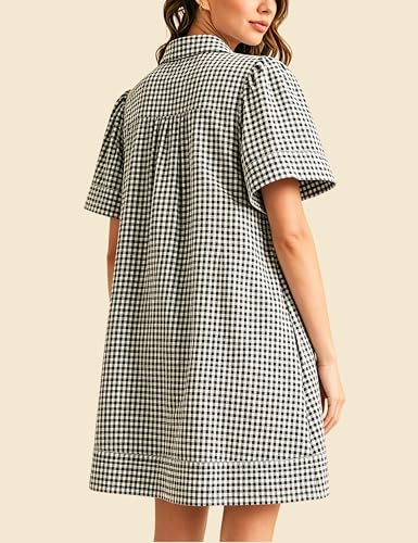 Image of Womens Short Sleeve Button Down Mini Shirt Dress Lapel Collar Short Dresses with Pocket