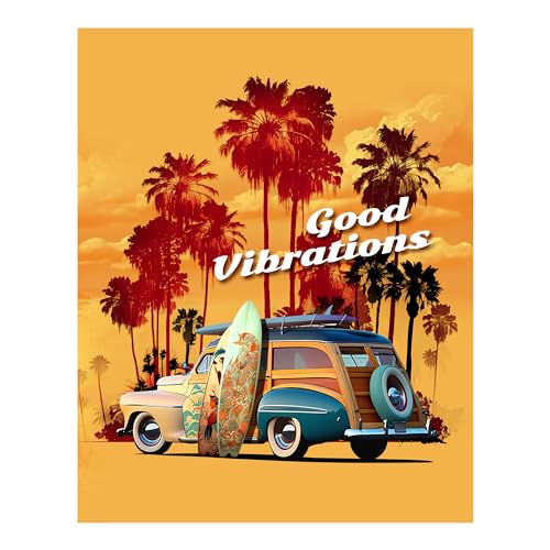 Good Vibrations - Vintage Beach Wall Art Print, Nostalgic Woody Car & Surf Culture Wall Art Decor for Retro Coastal Home, Beach Decor, Man Cave Decor & Dorm Decor, Unframed Surfboard Print - 8x10'