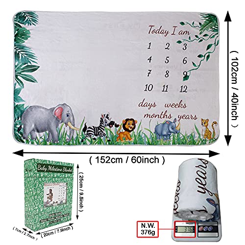 Image of vmaisi Baby Milestone Blanket Gifts - Newborn Boy & Girl Monthly Year Infant Growth Blankets Nursery Swaddling Blankets (Green Animals - Baby, Double Printed)
