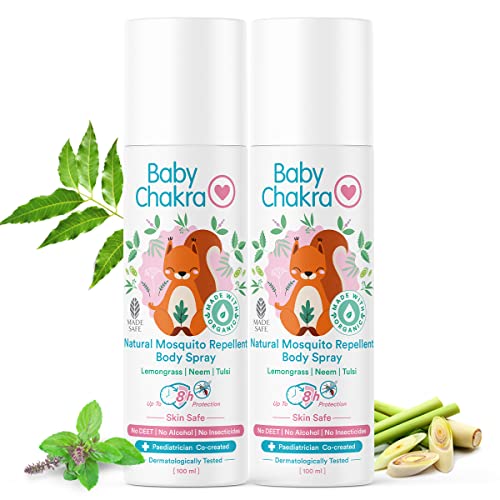 Image of BabyChakra Mosquito Repellent Spray for Babies & Kids Up To 8 Hours Protection, 100% Natural Ingredients Dermatologically Tested, Protects from Dengue Malaria Chikungunya 100 ml (Pack of 2)