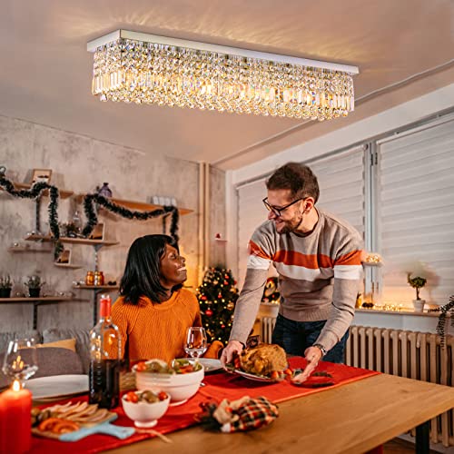 Siljoy Rectangle Chandelier, Modern Crystal Raindrop Chandelier with K9 Crystal, 8-Lights Flush Mount Ceiling Lights Fixture L40 X W10 X H10 - Image 3