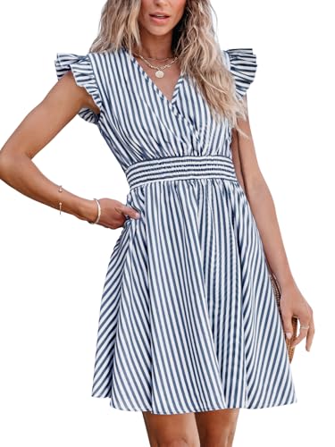 Image of CUPSHE Women's Mini Dress V Neck Flutter Sleeve Striped Smocked Waist A Line Short Summer Cocktail Dress
