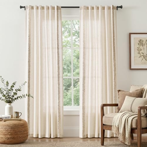 Image of jinchan Beige Linen Curtains with Woven Trim Back Tab 50 x 84 Inch 2 Panels