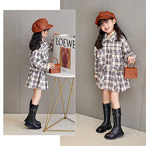 Girl's Fashion Waterproof Leather Buckle Lace-Up Side Zipper Knee High Mid Calf Combat Riding Boots Girls Autumn Winter Boots3
