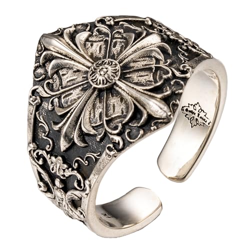 Retro 925 Sterling Silver Fleur de lis Cross Ring Baroque Floral Ring for Men Women Open Adjustable Size S/M/L