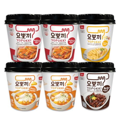 Yopokki Instant Tteokbokki Assorted Cup (Spicy 2, Cheese 2, Onion 1, Jjajang 1, Set of 6) - Korean Street Food with Sweet and Moderately Spicy Sauce, Quick & Easy to Prepare