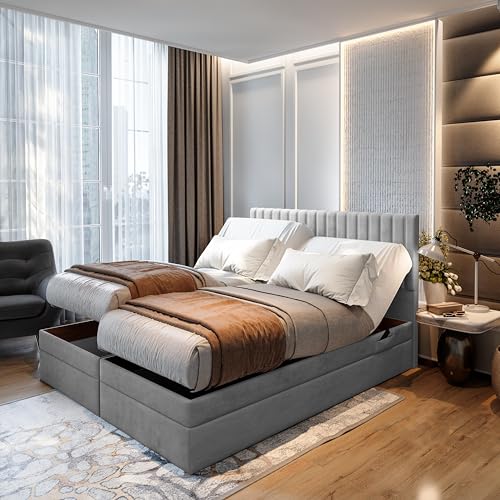 TRADA Lit Adulte ADÈLE - Ensemble Matelas+sommier Relaxation électrique avec Matelas Ressorts ensachés, Rangement et surmatelas en Tissu Velours (Gris Clair, 180 x...