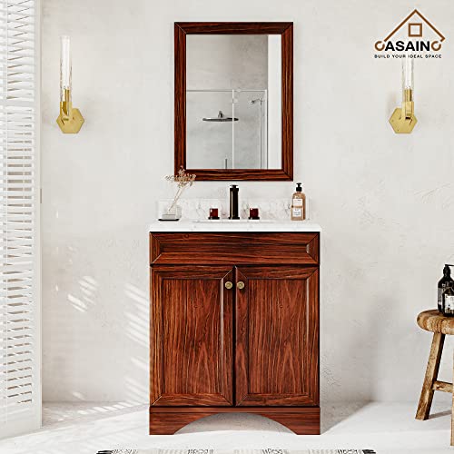 Casainc 30 In Bathroom Cabinet, Traditional Brown Wood (100% Fir) Bathroom Storage Cabinet, Freestanding Cabinet With 2 Doors With Carrara Marble Sink Vanity Top #TOP1