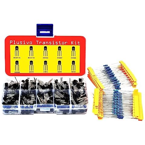 Transistors Assortment Kit with Resistor Pack, 210 PNP and NPN BJT Transistors with 250 1/4 W metal film Resistors - Bipolar Transistors 2N3904 2N3906 S8050 2N2907 S8550 2N2222 BC337 C1815 BC327 A1015 Cover