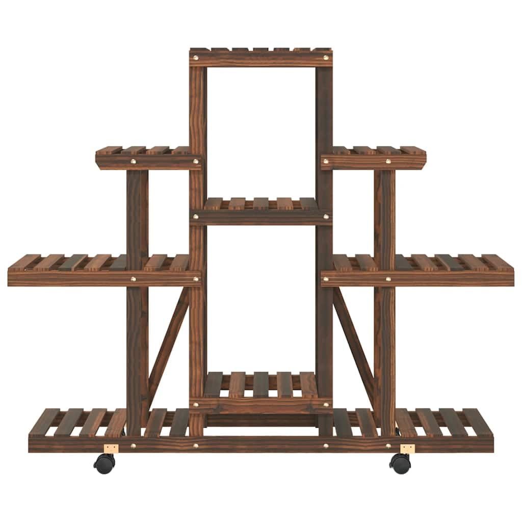 Pflanzenregal mit Rollen 110x25x101 cm Blumenständer aus Tannenholz Mehrstöckige Blumentreppe für Indoor Wohnzimmer Balkon und Terrasse Karbonisiert Braun