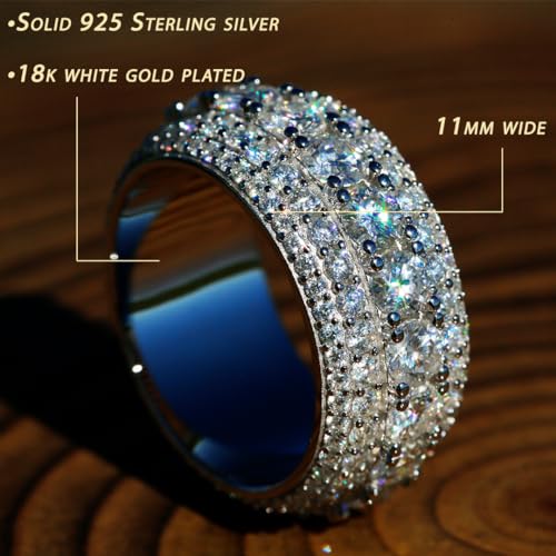 VVS1 5 Row Moissanite Iced Finger Pinky Ring for Men & Women, 18k Gold Plated Solid 925 Sterling Silver Hip Hop Ring 11mm Wide, D Color, GRA Certified3