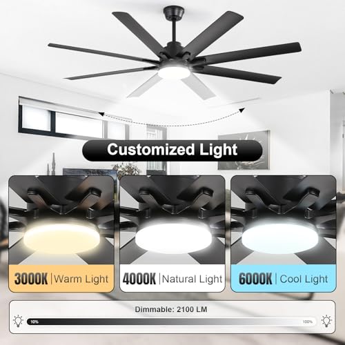 Image of Sofucor 52 Inch Ceiling Fans with Lights, Modern Black Ceiling Fan with Lights and Remote, Reversible Quiet DC Motor, 3 CCT, ABS 8 Blades Indoor /Outdoor Fan Light for Bedroom Living Room Patio
