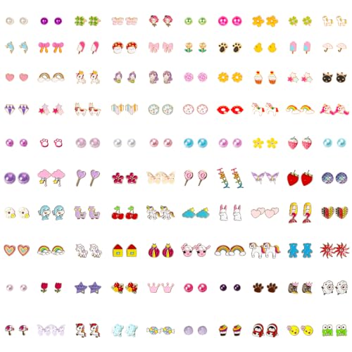 Image of NEWITIN 100 Pairs Colorful Cute Earrings for Girls Sensitive Ears Hypoallergenic Girl Stud Earrings Set Stainless Steel Cartoon Stud for Girls and Women