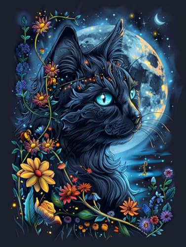 Diamond Painting lune et chat 80x110cm pour broderie diamant adulte
