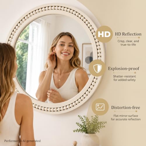 Image of Saliwa 24 Inch Round Bathroom Mirror, White Wood Framed Wall Mirror, Rustic Farmhouse Round Mirror for Vanity, Entryway, Living Room, Bedroom and Hallway