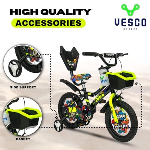 Image of VESCO BUD14T Kids Cycle for Boys & Girls, 14T Cycle for Kids with Balance Wheel, Back Rest & Rigid Fork |9 Inch Frame Size | Ideal for Ages 3-6 Years (Green /Black)