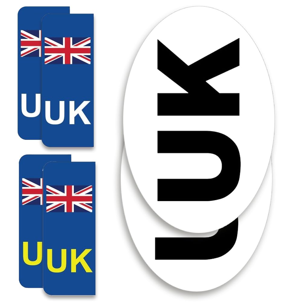 Papa Prints UK Car & Motorcycle Stickers: Self Adhesive Ovals (2) & Number Plates (4) for Europe - Pack of 6