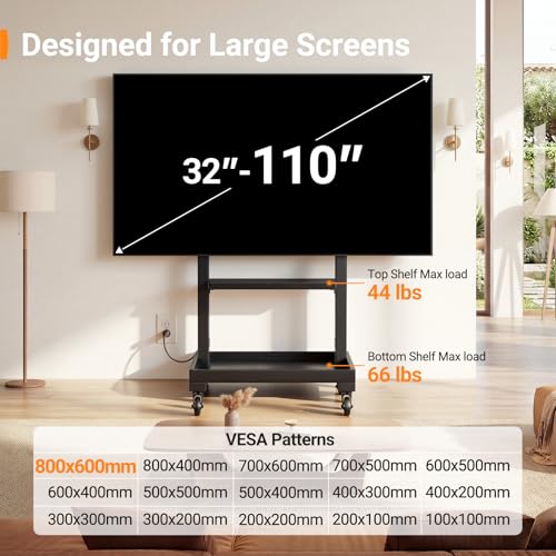Image of Perlegear Rolling TV Stand for 32 inch-110 inch TVs up to 250 lbs, Outdoor TV Stand with Large Wheels, Handle & Power Outlet, Height Adjustable Mobile TV Cart with Wood Shelf, Max VESA 800x600mm, PGTVMC24B