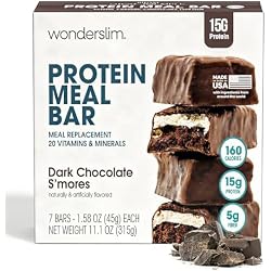WonderSlim Meal Replacement Protein Bar, Dark Chocolate S'mores, 15g Protein, 20 Vitamins & Minerals (7ct)