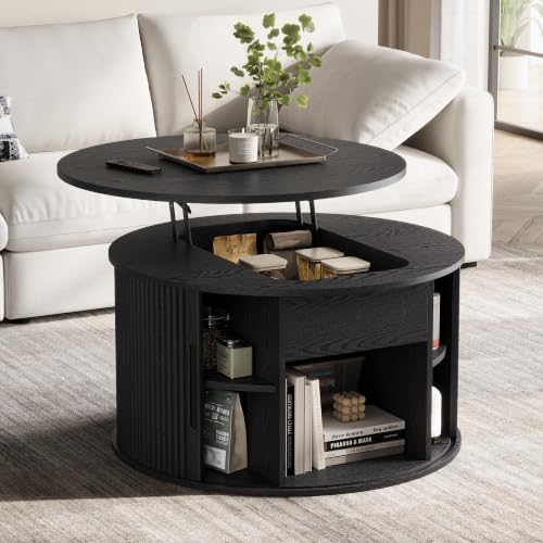 Image of LINSY Lift Top Coffee Table, Round Fluted Coffee Table with Storage, Mid Century Modern Wooden Coffee Tables with Sliding Tambour Door, 31.5 inch Center Table for Living Room, Office, Small Space, Walnut