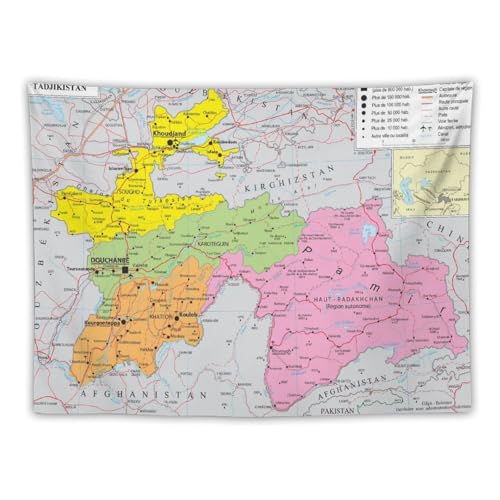 Tapisseries de carte du monde du Tadjikistan - Affiches en tissu pour décoration murale esthétique de chambre - Tapisseries murales pour la chambre à coucher - Dimensions : 76 cm x 102 cm
