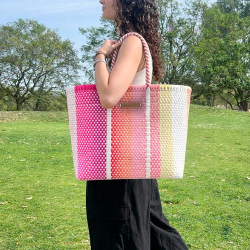 Image of MARIA VICTORIA Handwoven Plastic Mexican Tote Bag Large For Women, Waterproof, Lightweight, Multi-Color Design, Perfect for the Beach, Shopping, and Everyday Use, Coral Large