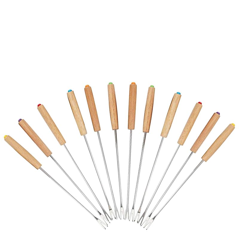 Virsus 12 Forchette da Fonduta 4905, Lunghezza 24 cm, Forchettone a 2 Punte in Acciaio Inox e Manico in Legno, 6 Colori, utensile per Fonduta di Formaggio, Barbecue, Feste ed Eventi
