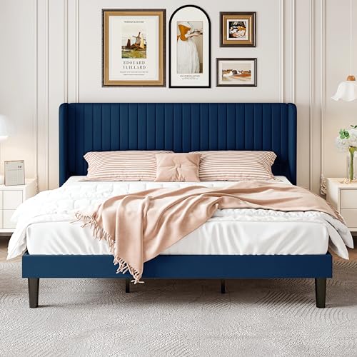 Image of SHA CERLIN King Size Velvet Bed Frame, Tufted Wingback Headboard, Blue | 47'' Modern Vertical Channel Headboard, Upholstered Platform Bed, Wood Slats, No Box Spring Needed, Easy Assembly, Noise Free
