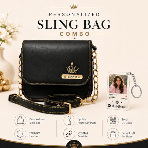 Image of SAVRI Personalized Rakhi Gift for Sister | Customized Leather Sling Bag with Name & Charm and Spotify Photo Keychain with Favourite Song, Personalised Gift Combo for Sister, Behan, Didi- Bro Sis Gift
