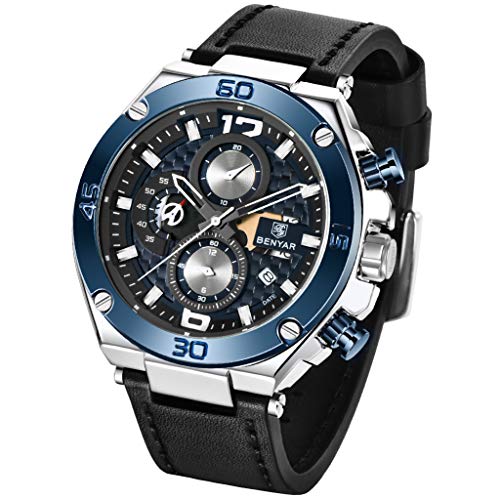 Original Mens Quartz Watch Unique Sport Watches for Men Casual Wrist Watch Waterproof Watch Leather, Luminous Hands, Stop Watch, Calendar, Outdoor, Gifts (Blue 5151)