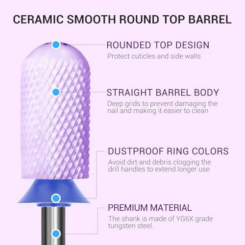 Image of MelodySusie Ceramic Nail Drill Bit, 3 /32'' Smooth Round Top Large Barrel Bits, Suitable for Manicure Pedicure Cuticle Gel Polishing, Beginners Bits, Purple, Series Bit-S, Medium