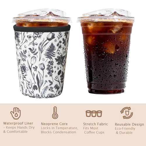 Image of Reusable Insulated Sleeve for Iced Coffee Cup, 3-Pack Coffee Neoprene Drink Sleeve for Cold & Hot Drinks, Beverage Holder for Iced Coffee (Black Fern Florals)