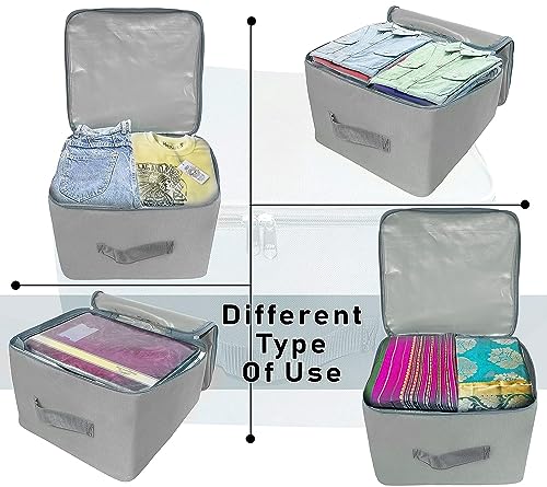 Image of Storite 2 Pack Nylon Wardrobe Bag Underbed Moisture Proof Cloth Storage Organizer, Storage box for Clothes Saree Bags with Zippered Closure & Handle (Grey,37x35x23 cm, Square)