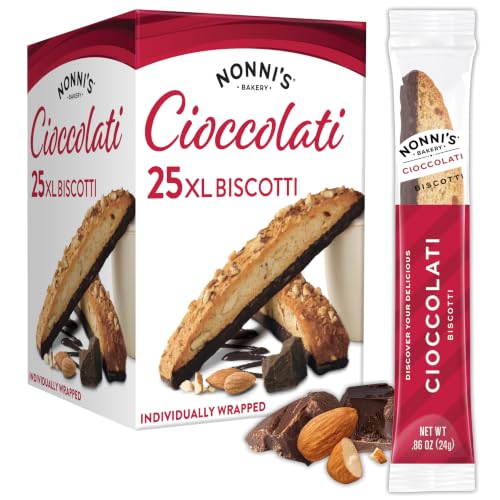 Nonni's XL Biscotti Dark Chocolate with Almond Cookies, Individually Wrapped Italian Coffee Snacks, 25 Cookies, 33.25 oz. Large Carton (Pack of 1)