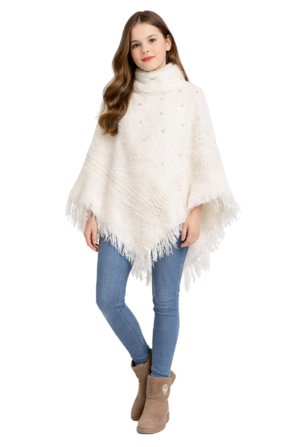 Women Ladies Girls Winter Wear Round Neck Self Design Woolen Poncho -Free Size (white)
