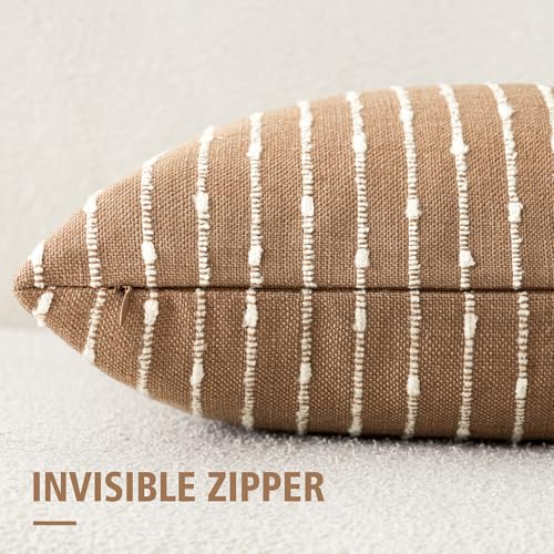 Image of Foindtower Pack of 2 Decorative Jacquard Boucle Throw Pillow Covers Accent Textured Striped Pillowcases Soft Boho Modern Cushion for Couch Sofa Bedroom Living Room Home Decor 20x20 Inch Rust Tobacco