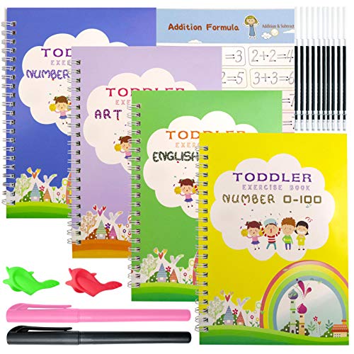 4 Pcs English Magic Practice Copybook for Kids, Tracing Book Reusable for Preschoolers Ages 3-10, Calligraphy Letter Writing Book Mathematics with 2 Pens, Handwriting Workbook Set for Kindergarten