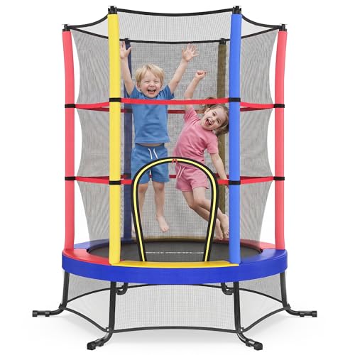 SONGMICS Trampoline pour Enfants, Diamètre 174 cm, avec Filets de Protection, Coussins de Sécurité, Mini Trampoline Fitness, Cadre en Acier, pour Intérieur, Extérieur, Jardin, Multicolore STR050X101