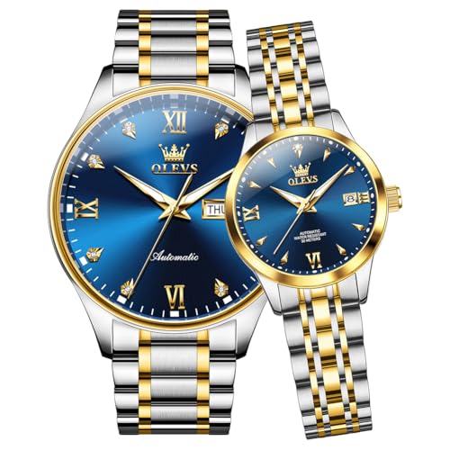Montre pour couple étanche automatique OLEVS en acier inoxydable avec date et cadran lumineux