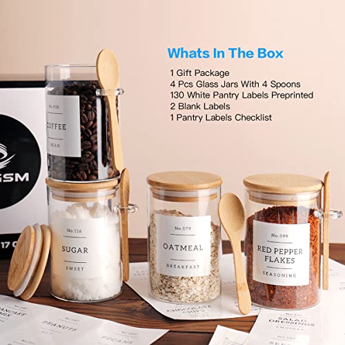 Image of CZZGSM Glass Jar with Bamboo Lid and Spoon - 4 Pcs 17 oz Sugar Container with 132 Food Pantry Labels - Glass Containers with Wooden Lids Hold Coffee, Tea, Candy
