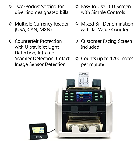 Mixval Mv3 Mixed Money Counter Machine | 2-Pocket Premium Bank Grade W/Counterfeit Detector | Mixed Denomination, Currency & Bill Counting | Fast & Accurate Cash Counter | Customer Screen & Printer #TOP2